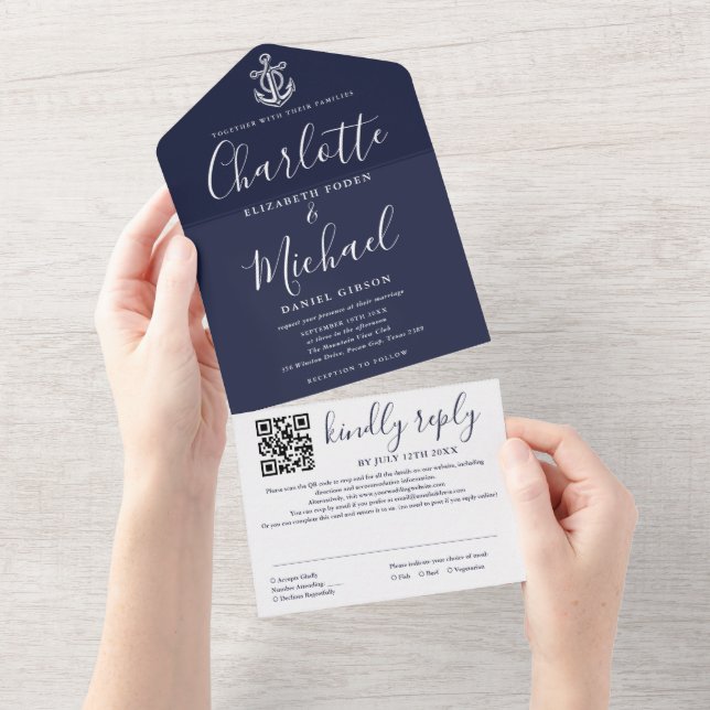 Invitation Tout En Un Ancre Nautique Bleu Marine Script QR Code Mariage (Déchirure)