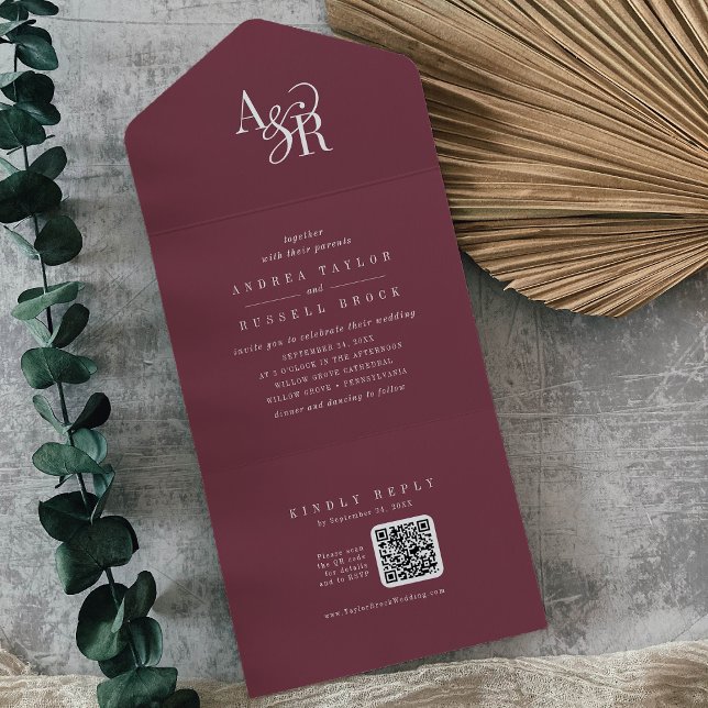 Invitation Tout En Un ANDREA QR Code Burgundy Simple Minimal Wedding (ANDREA QR Code Burgundy Simple Minimal Wedding All In One Invitation)