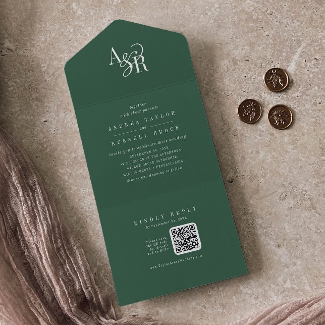 Invitation Tout En Un ANDREA QR Code Dark Green Simple Minimal Wedding (ANDREA QR Code Dark Green Simple Minimal Wedding All In One Invitation)