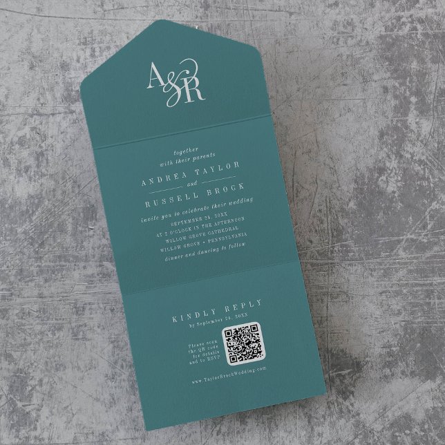 Invitation Tout En Un ANDREA QR Code Dark Teal Simple Minimal Wedding (ANDREA QR Code Dark Teal Simple Minimal Wedding All In One Invitation)