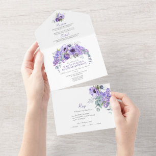 Invitation Tout En Un Anémones et lilas violets et blancs Floral  