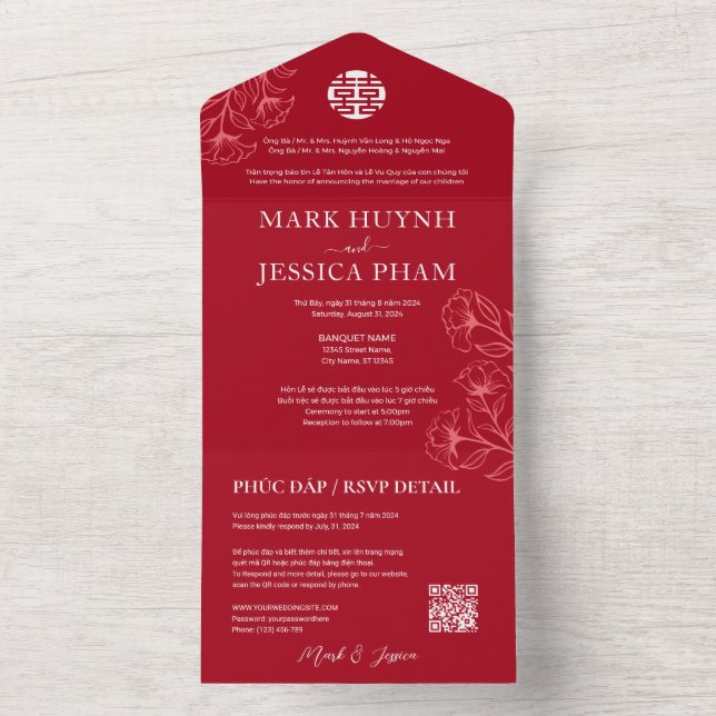 Invitation Tout En Un Anglais vietnamien bilingue Mariage rouge (À l'intérieur)
