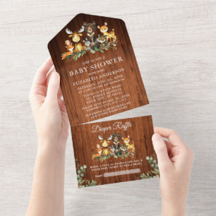 Invitation Tout En Un Animaux de forêt Baby shower de bois et charbons