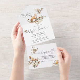 Invitation Tout En Un Animaux de la Forêt Citrouille Fleur Automne Baby 