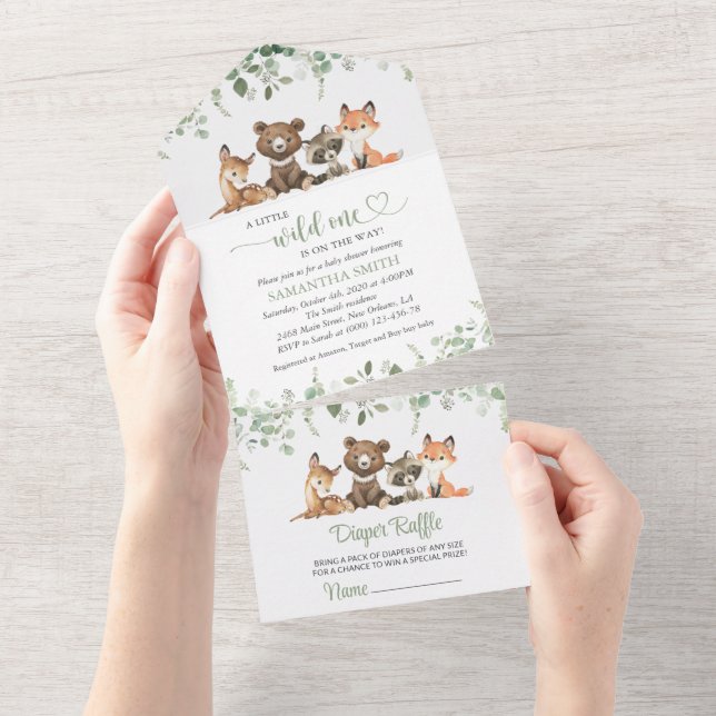 Invitation Tout En Un Animaux des bois, Forêt, Un sauvage, Baby shower (Déchirure)