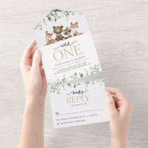 Invitation Tout En Un Animaux des bois, Forêt, Un sauvage, Premier anniv