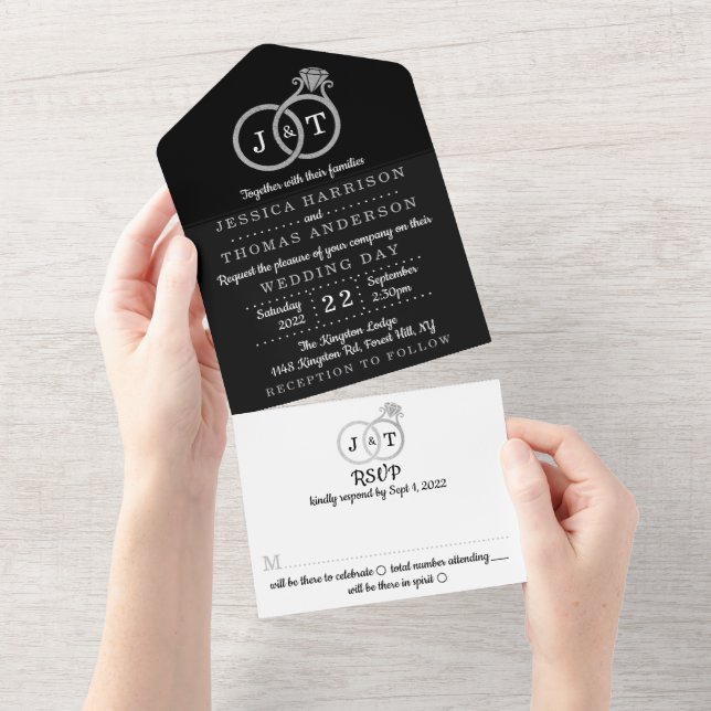 Invitation Tout En Un Anneaux de mariage à monogramme en feuille d'argen (Déchirure)
