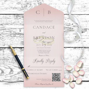 Invitation Tout En Un Anneaux mariages Moderne Blush Pink QR Code