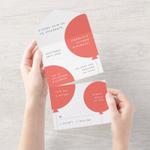 Invitation Tout En Un Anniversaire scandinave   Coral rose Balloon Party