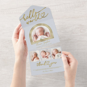 Invitation Tout En Un Annonce de naissance Chic Cadre Arch Hello World