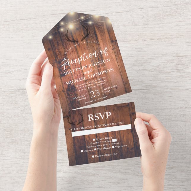 Invitation Tout En Un Antler Rustic String Lights Mariage Réception (Déchirure)