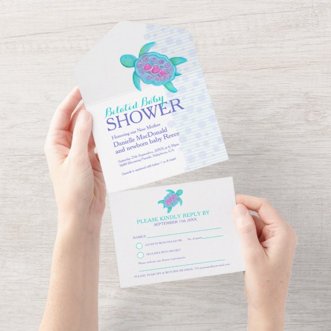 Invitation Tout En Un Aqua de tortue d'aquarelle de Baby shower (Déchirure)