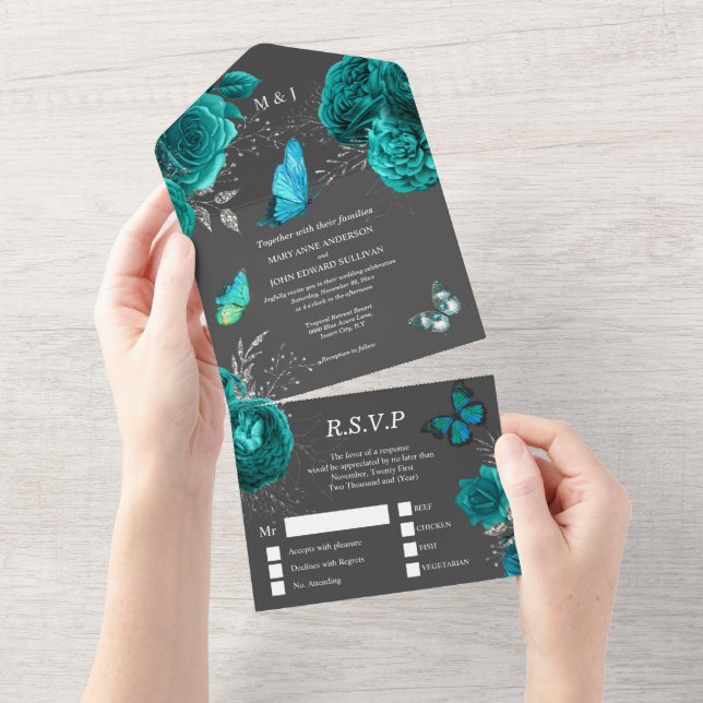 Invitation Tout En Un  Aqua gris rose élégant papillon budget glam (Déchirure)