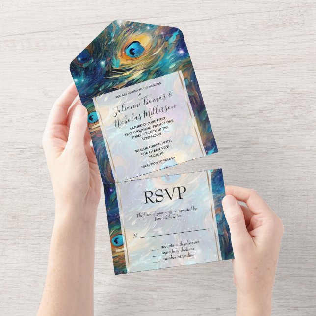 Invitation Tout En Un Aqua Turquoise Gold Peacock Feathers (Déchirure)