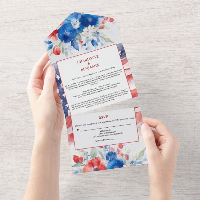 Invitation Tout En Un Aquarelle 4 juillet Mariage (Déchirure)