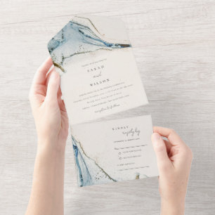 Invitation Tout En Un Aquarelle Abstraite Blue Gold Mariage de plage