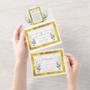 Invitation Tout En Un Aquarelle Airy Greenery Gold Foil Mariage