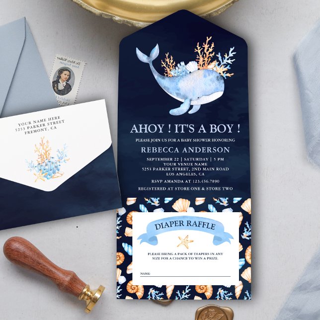 Invitation Tout En Un Aquarelle Baleine marine Baby shower bleu marine (Créateur téléchargé)
