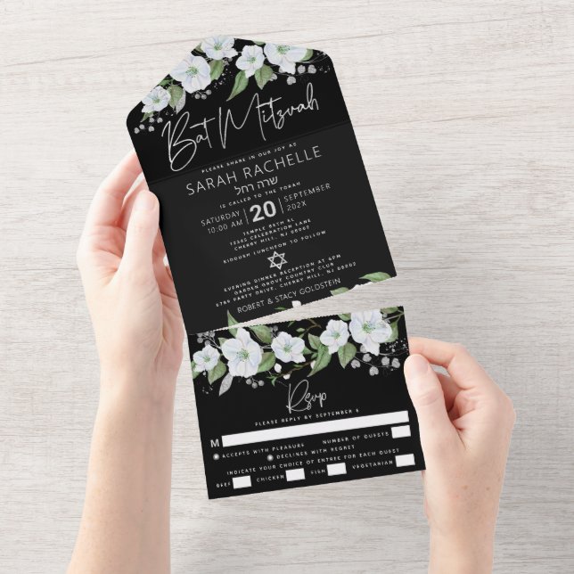 Invitation Tout En Un Aquarelle bat mitzvah noir Argent Script Floral (Déchirure)