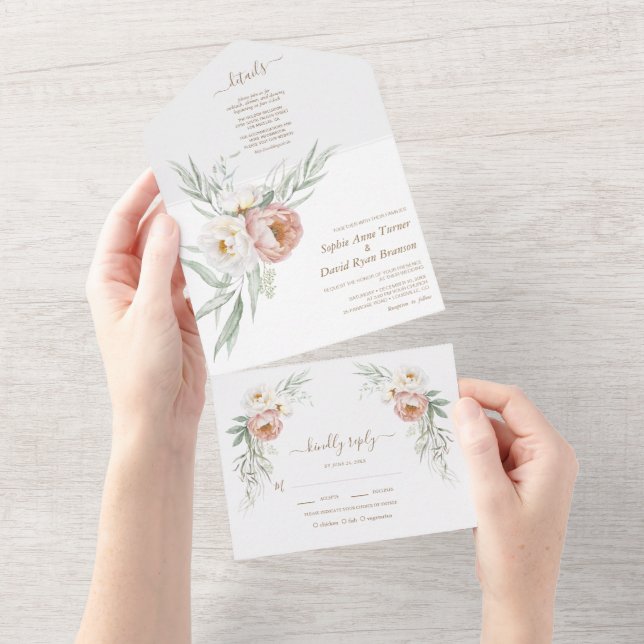 Invitation Tout En Un Aquarelle Blanc Dusty Rose Fleurs Mariage (Déchirure)