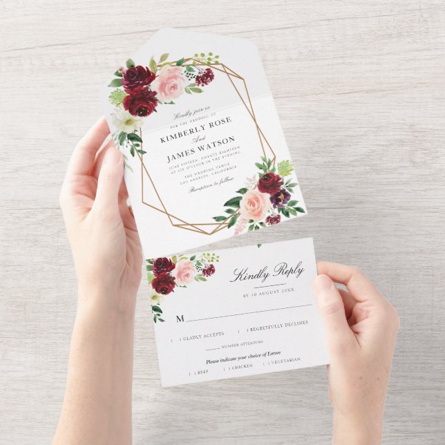 Invitation Tout En Un Aquarelle bleu bordeaux floral géométrique (Déchirure)