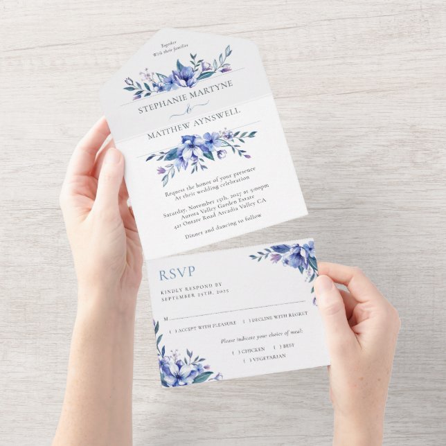 Invitation Tout En Un Aquarelle bleu Dusty Mariage Floral (Déchirure)