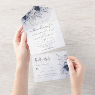 Invitation Tout En Un Aquarelle bleu Dusty Mariage végétal