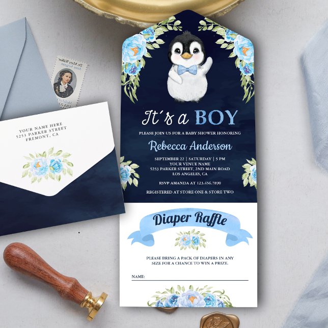 Invitation Tout En Un Aquarelle bleu Floral Penguin Marine Baby shower (Créateur téléchargé)