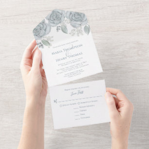 Invitation Tout En Un Aquarelle bleu foncé Floral RSVP Choix de repas
