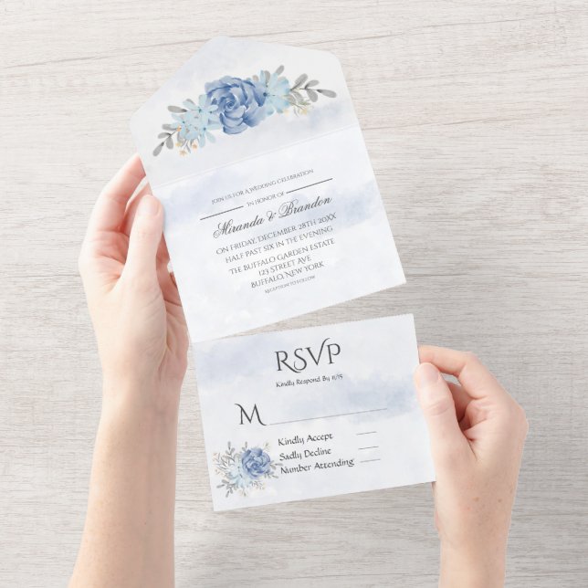 Invitation Tout En Un Aquarelle bleu foncé Mariage tout en un (Déchirure)
