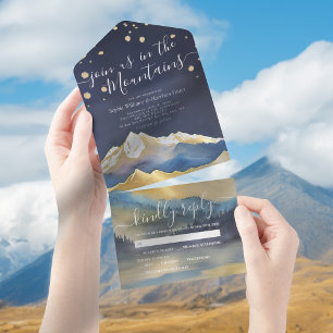 Invitation Tout En Un Aquarelle Bleu Or Montagnes à huile Mariage RSVP
