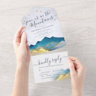 Invitation Tout En Un Aquarelle Bleu Or Montagnes à huile Mariage RSVP