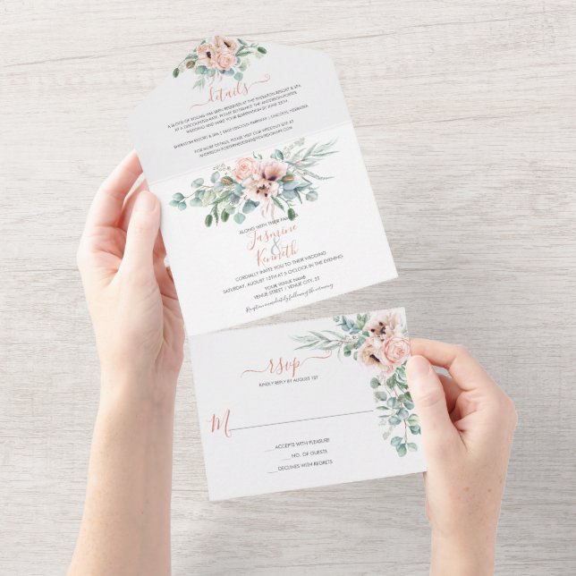 Invitation Tout En Un Aquarelle bleu rose et ivoire Mariage floral (Déchirure)