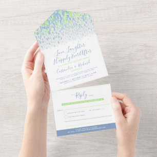 Invitation Tout En Un Aquarelle bleu-vert arrosant un mariage retardé al