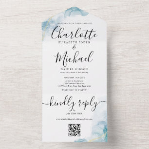 Invitation Tout En Un Aquarelle bleue Abstrait Script QR Code Mariage