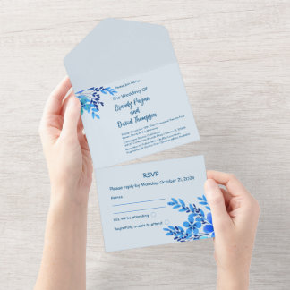 Invitation Tout En Un Aquarelle bleue Floral tout en un mariage Inviter