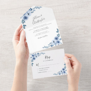 Invitation Tout En Un aquarelle bleue poussiéreuse florale