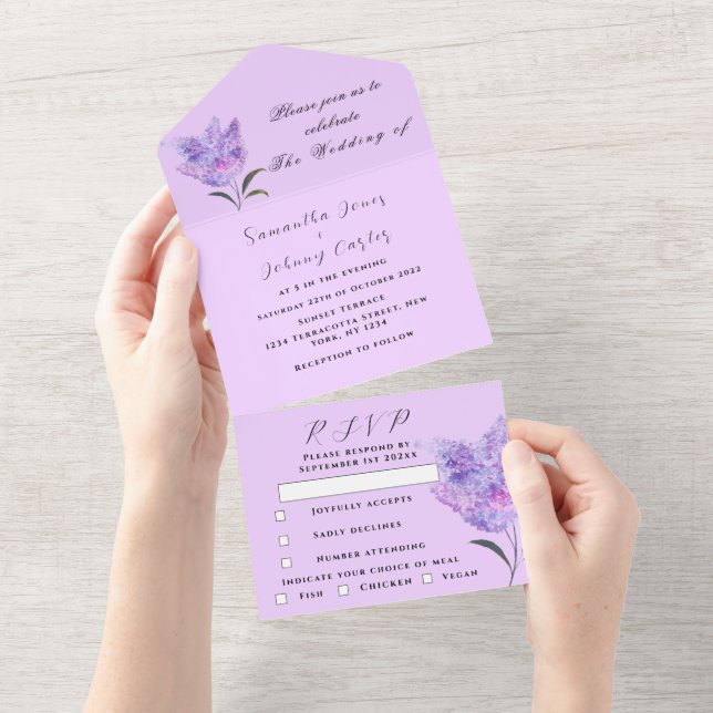Invitation Tout En Un Aquarelle Botanique Lilac Purple Mariage Floral (Déchirure)