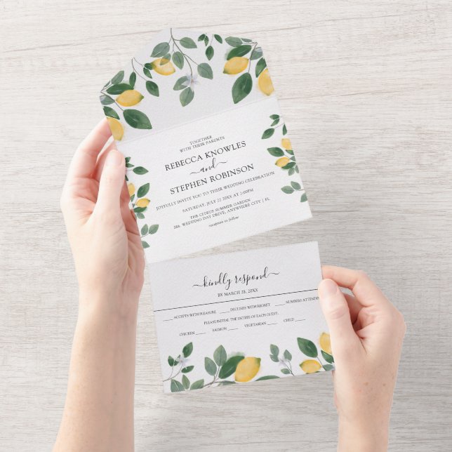 Invitation Tout En Un Aquarelle botanique mariage citron et verdure (Déchirure)