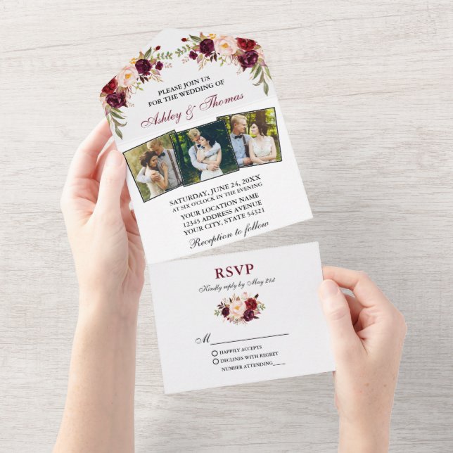 Invitation Tout En Un Aquarelle Bourgogne Floral 3 Mariage photo (Déchirure)