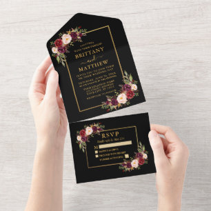 Invitation Tout En Un Aquarelle Bourgogne Floral Mariage Or Noir