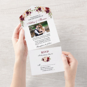 Invitation Tout En Un Aquarelle Bourgogne Floral Mariage photo