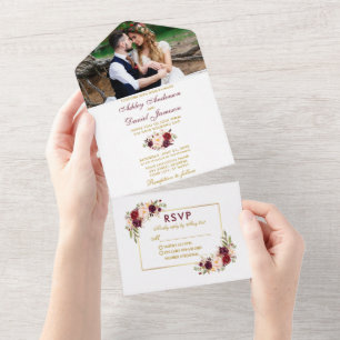 Invitation Tout En Un Aquarelle Bourgogne Floral Photo Mariage Or