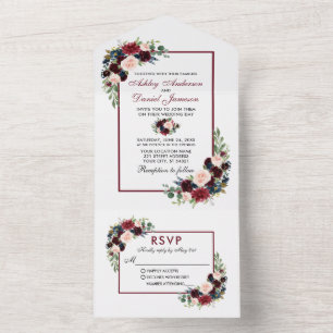 Invitation Tout En Un Aquarelle Burgundy Blue Floral Mariage