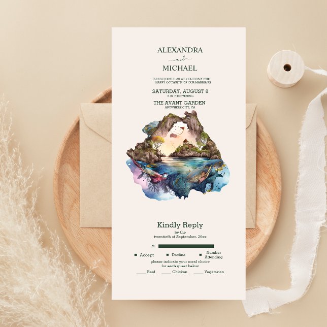 Invitation Tout En Un Aquarelle Caraibes Destination Mariage Tout En O (Créateur téléchargé)