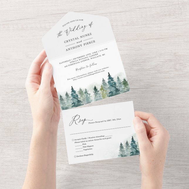 Invitation Tout En Un Aquarelle Chic Pine Tree Forêt Mariage d'hiver (Déchirure)