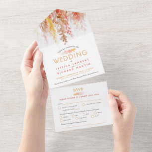 Invitation Tout En Un Aquarelle chute brun rouge orange vigne repas RSVP
