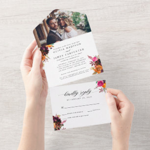 Invitation Tout En Un Aquarelle d'automne violet Floral Mariage photo