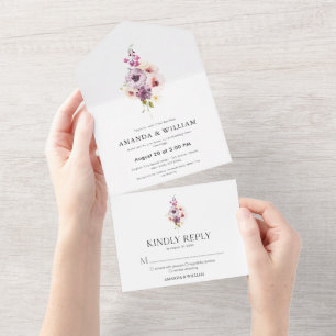 Invitation Tout En Un Aquarelle de couleur florale et de plumes Mariage 