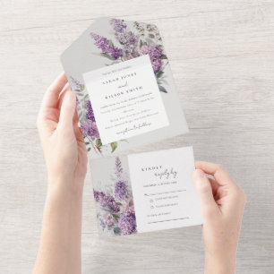 Invitation Tout En Un Aquarelle Dusky Lilac Cottage Floral Mariage